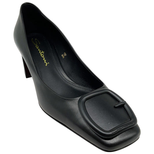 Santoni Black Leather Hasmig Buckle Pumps
