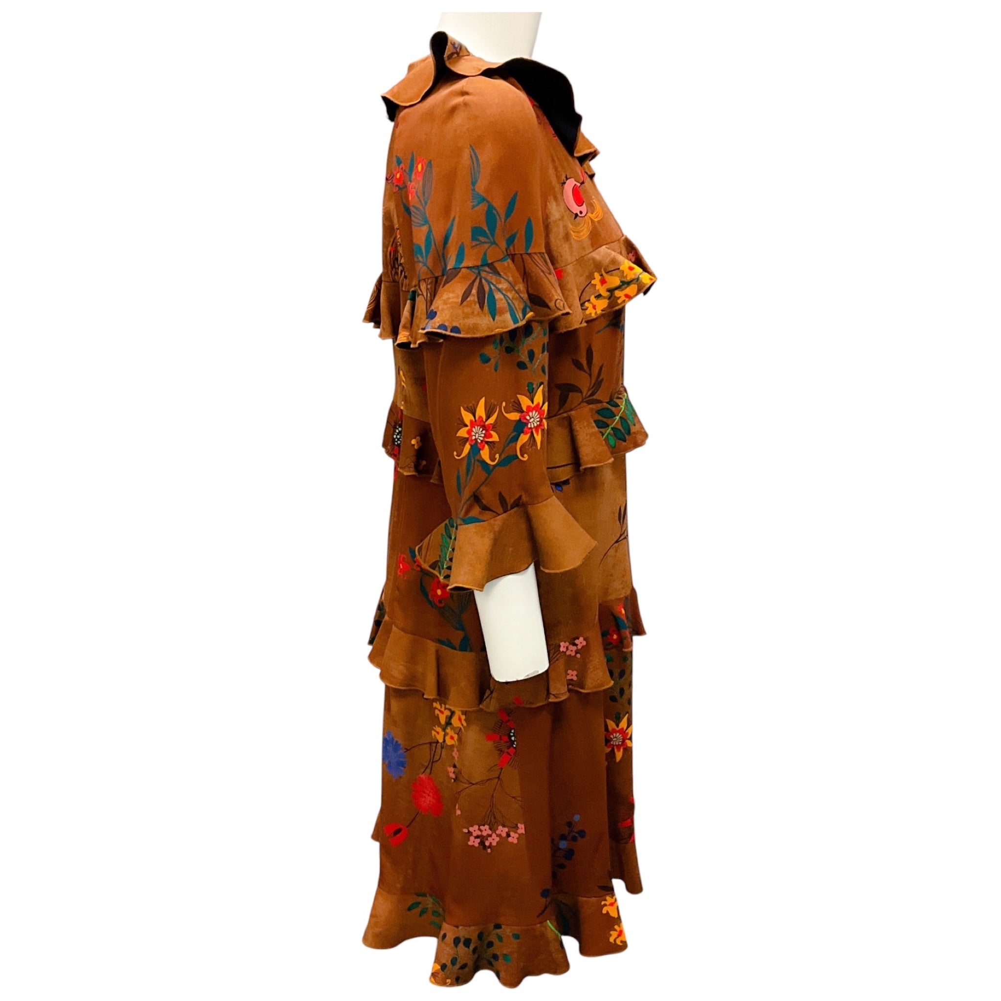 Fendi Brown Multi Floral Printed Ruffled Silk Dress