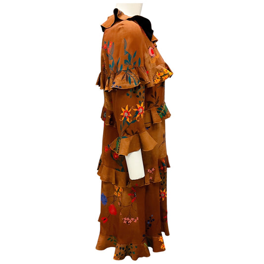 Fendi Brown Multi Floral Printed Ruffled Silk Dress