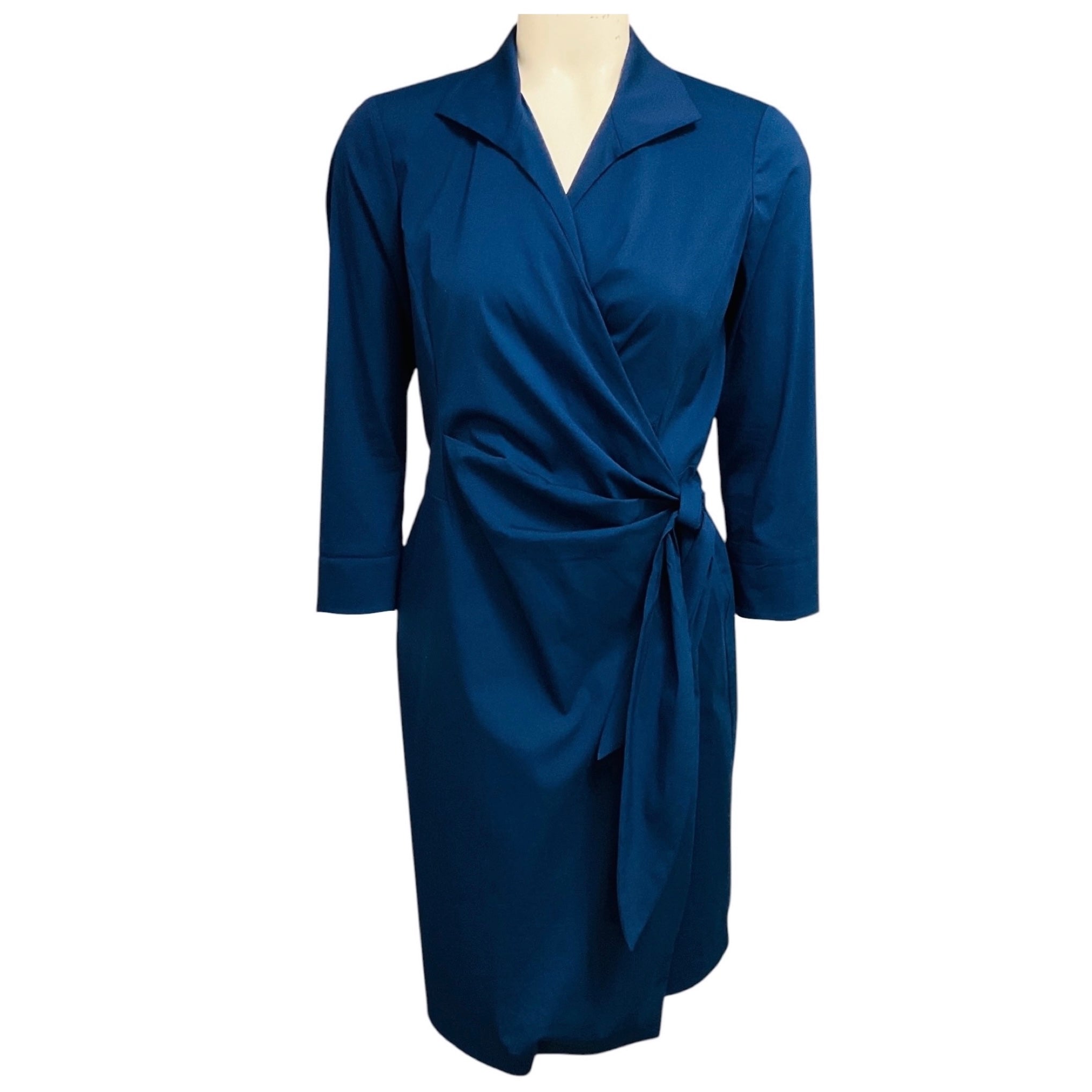 Lafayette 148 New York Navy Blue Cotton Stretch Wrap Dress
