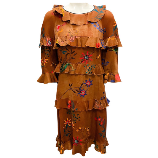 Fendi Brown Multi Floral Printed Ruffled Silk Dress