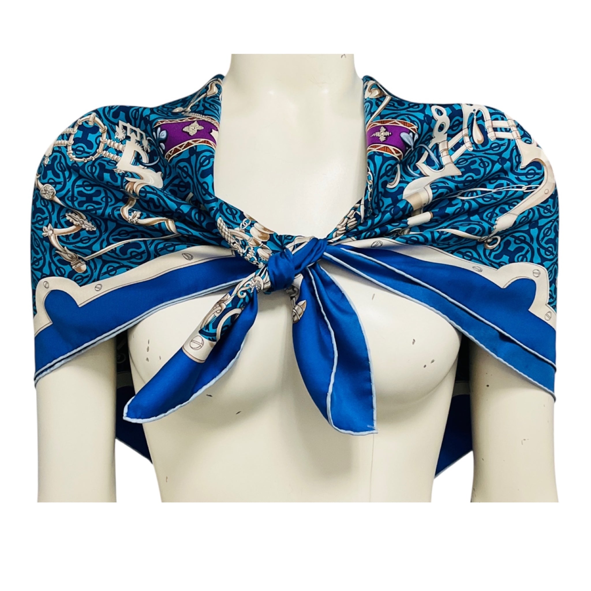 Hermes Blue Multi Mors et Gourmettes Print Square Silk Twill Scarf