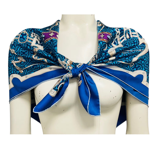 Hermes Blue Multi Mors et Gourmettes Print Square Silk Twill Scarf