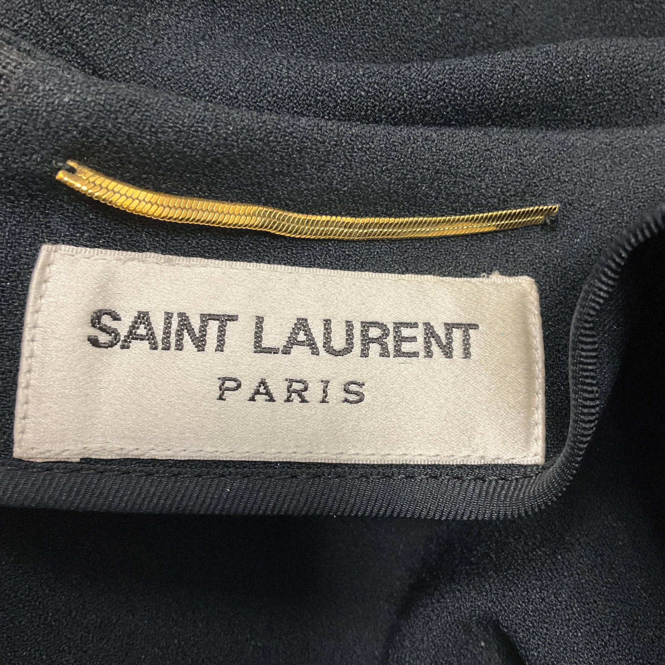 Saint Laurent Black Long Sleeved Crepe Mini Dress with Mesh Tulle Polka Dot Trim