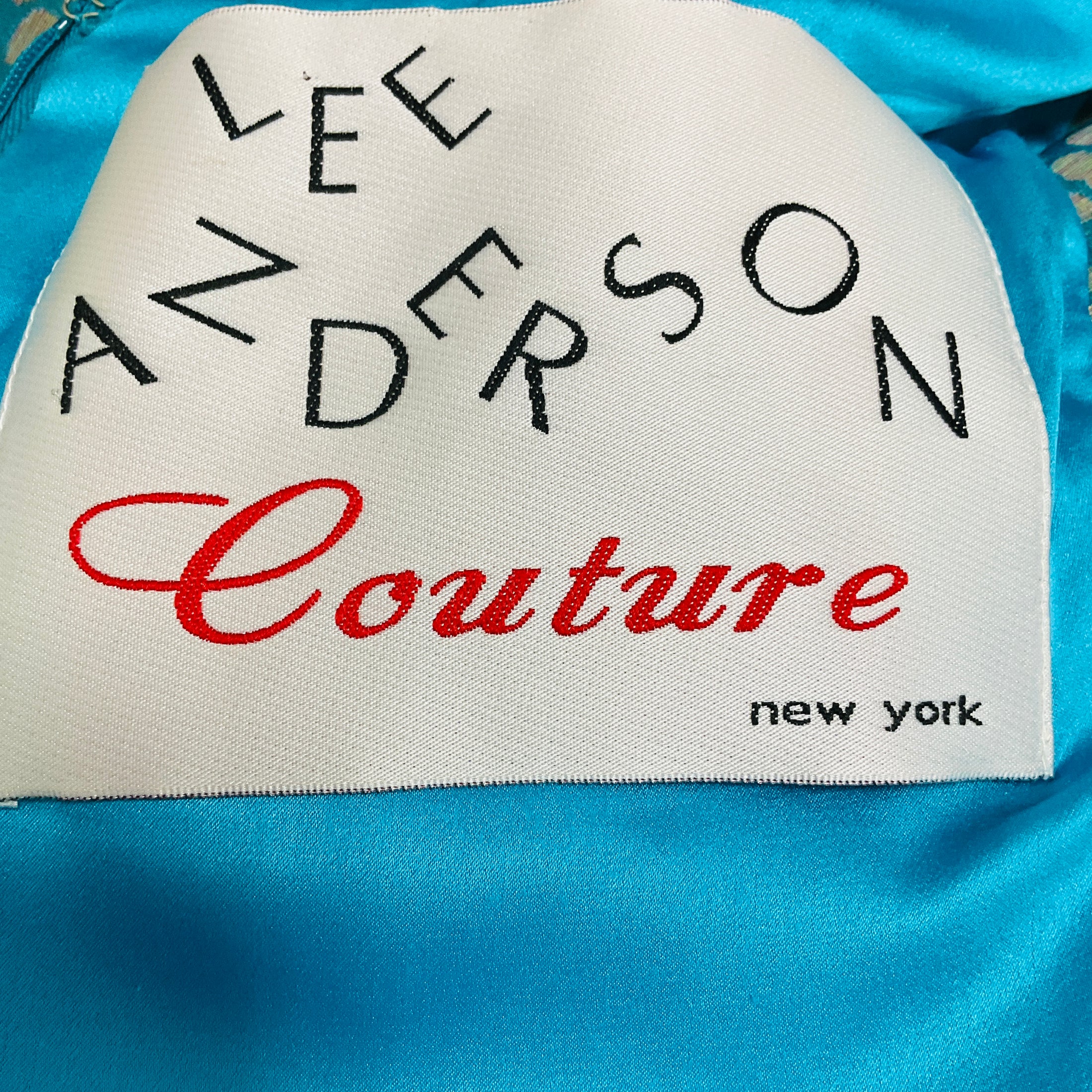 Lee Anderson Couture Turquoise / Gold Metallic Short Sleeved Jacquard Lurex Cocktail Dress