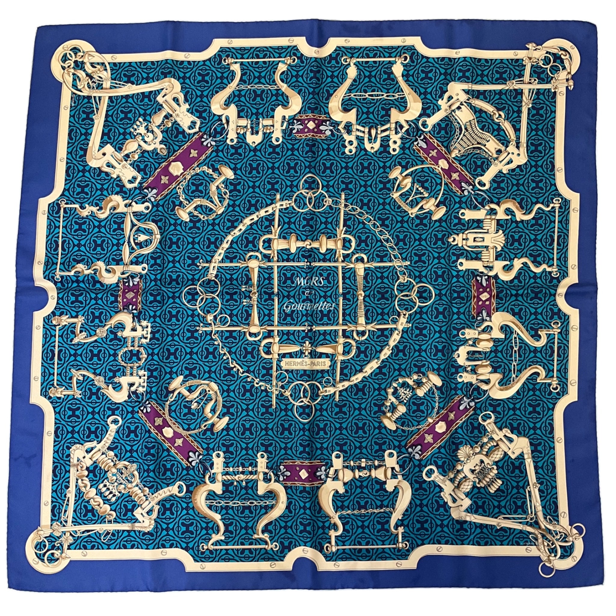 Hermes Blue Multi Mors et Gourmettes Print Square Silk Twill Scarf