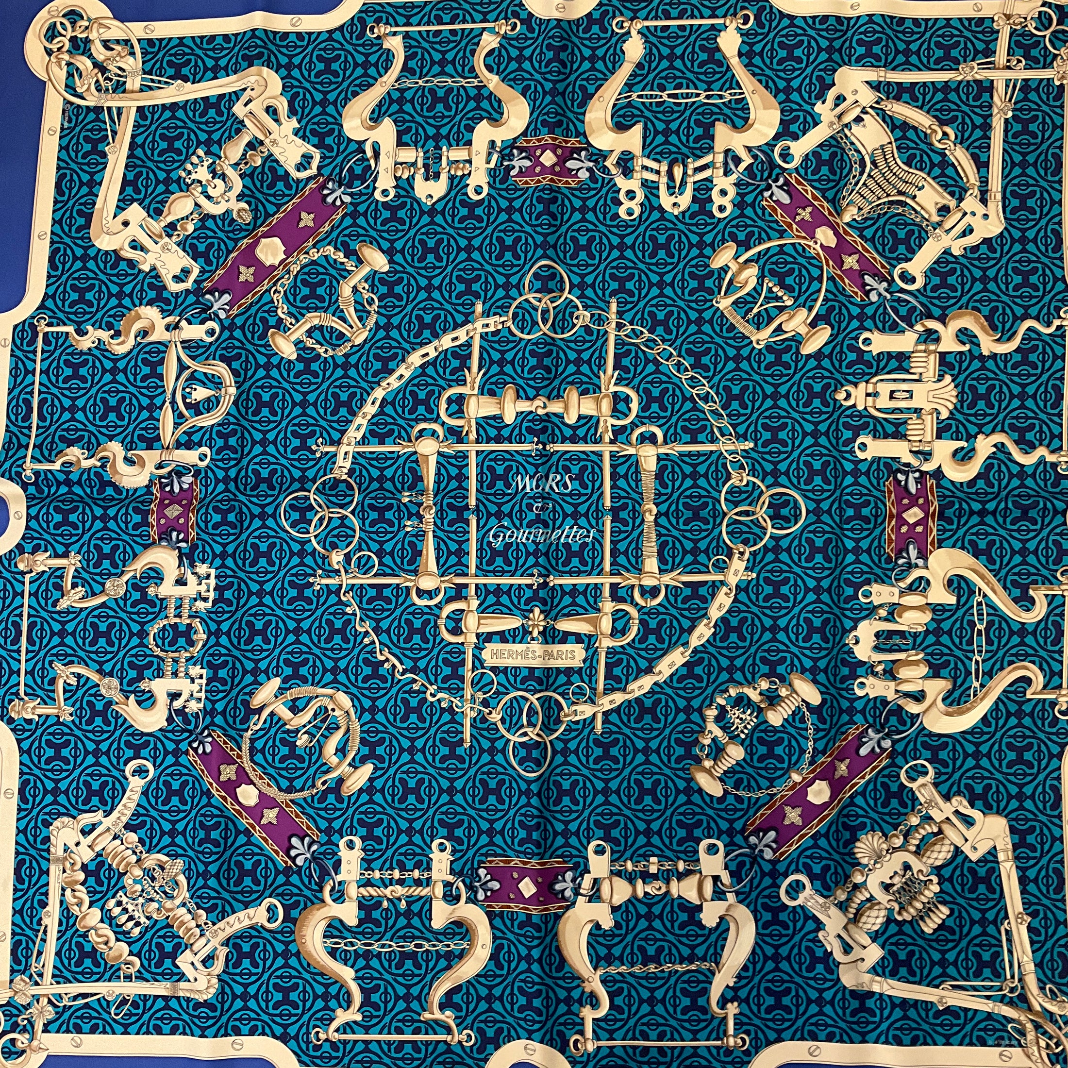 Hermes Blue Multi Mors et Gourmettes Print Square Silk Twill Scarf