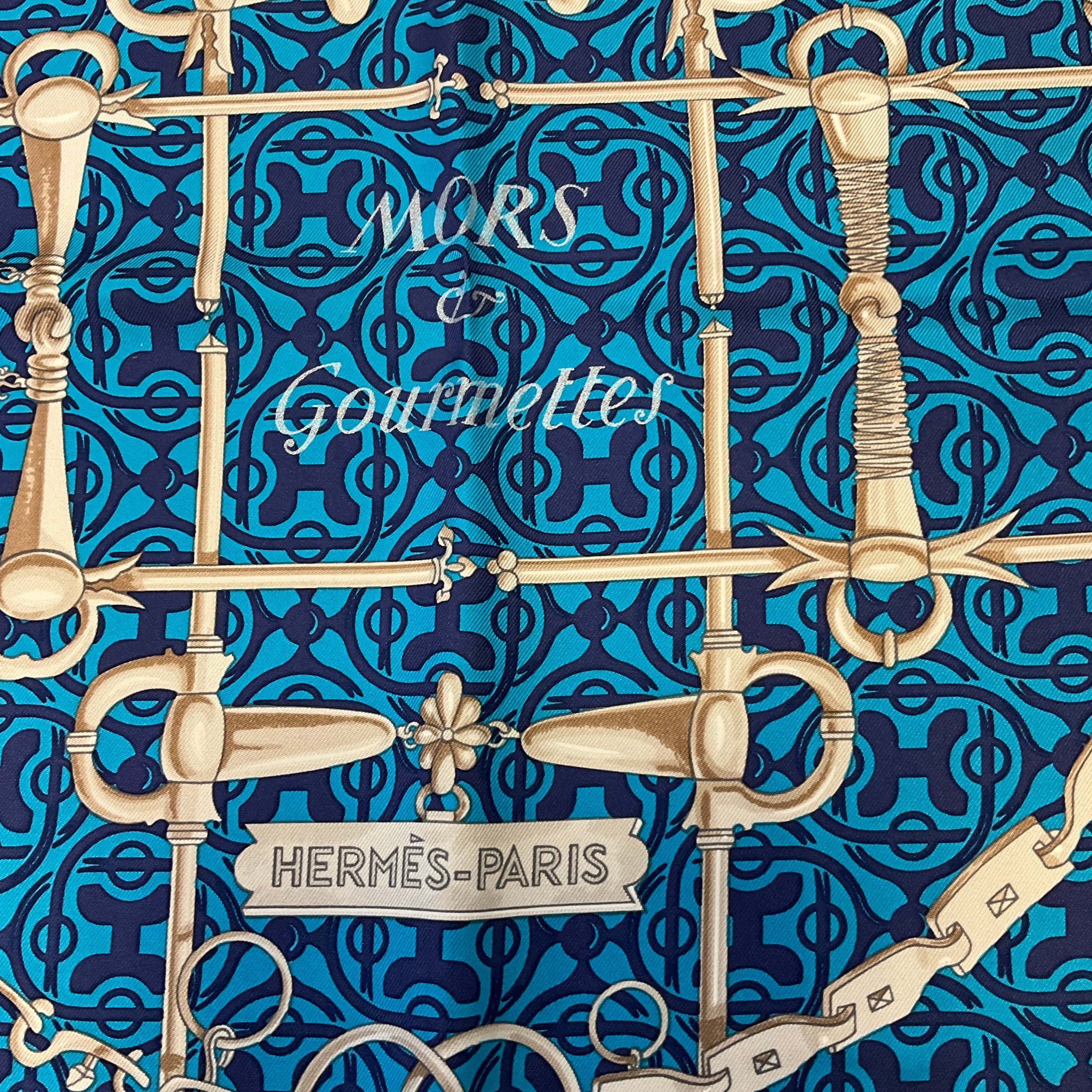 Hermes Blue Multi Mors et Gourmettes Print Square Silk Twill Scarf