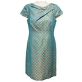 Load image into Gallery viewer, Lee Anderson Couture Turquoise / Gold Metallic Short Sleeved Jacquard Lurex Cocktail Dress

