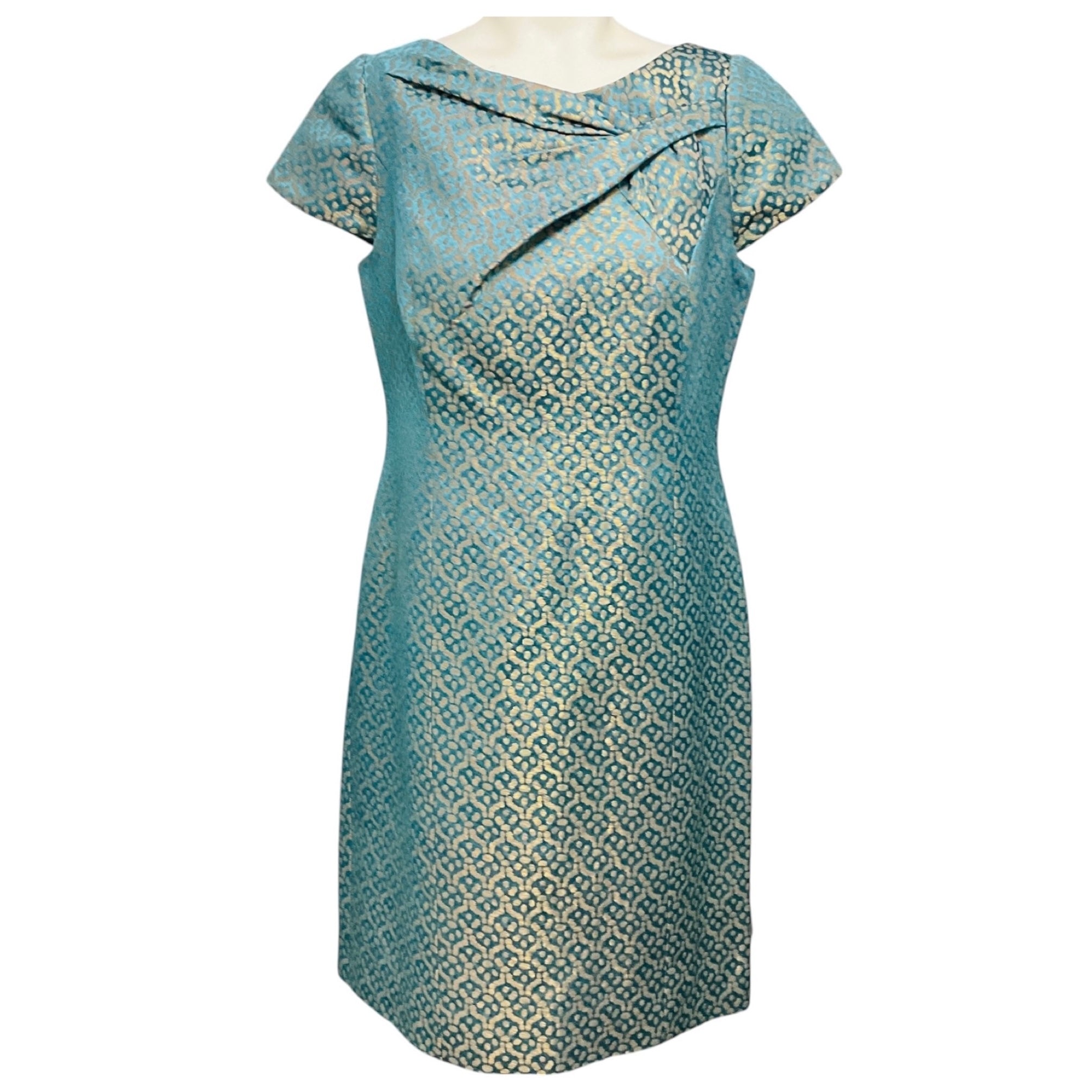 Lee Anderson Couture Turquoise / Gold Metallic Short Sleeved Jacquard Lurex Cocktail Dress