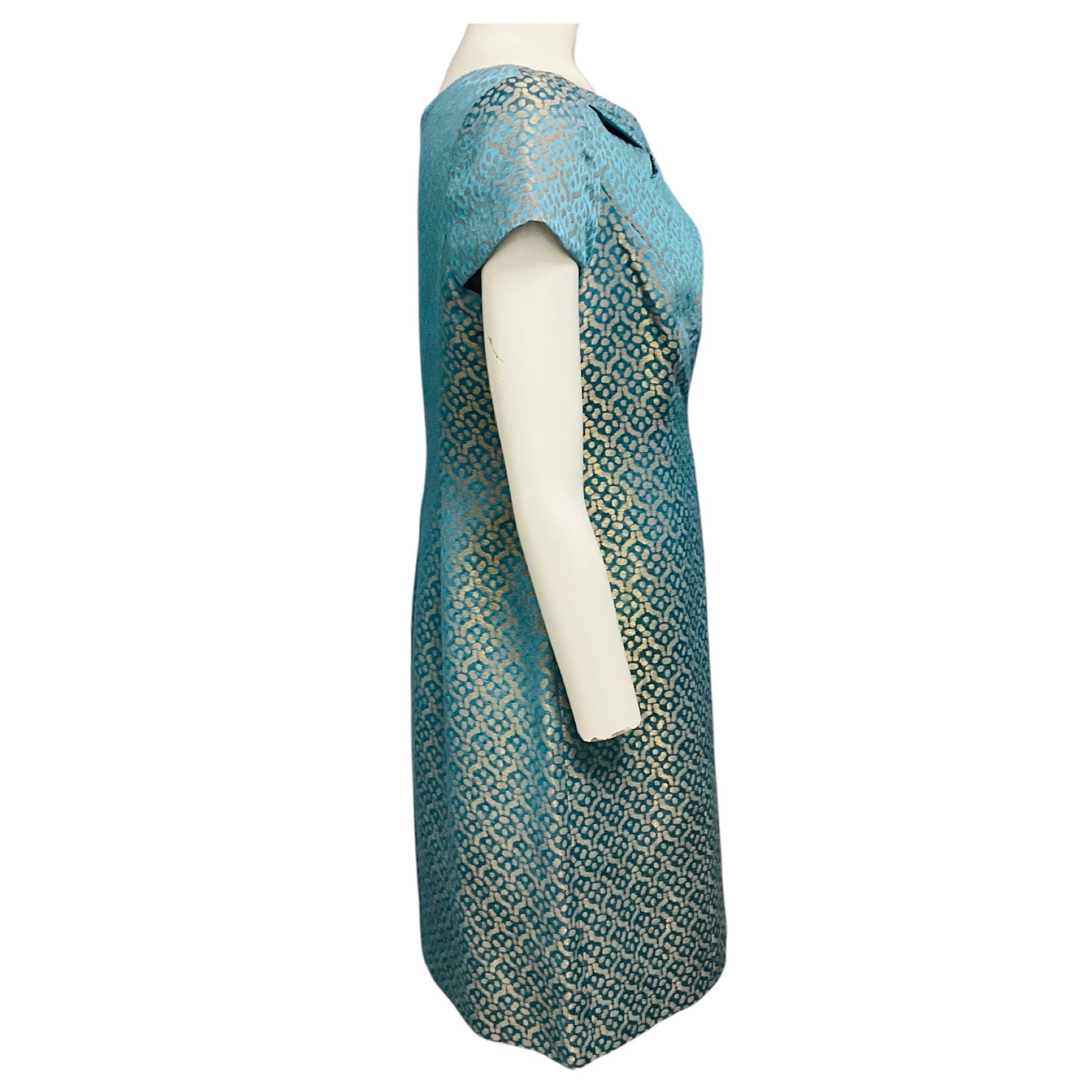 Lee Anderson Couture Turquoise / Gold Metallic Short Sleeved Jacquard Lurex Cocktail Dress