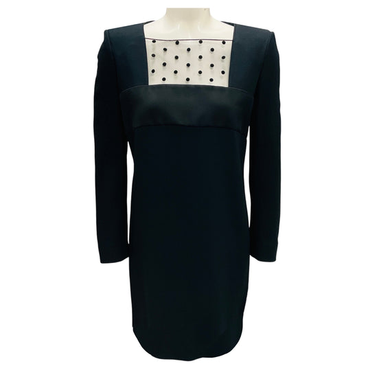 Saint Laurent Black Long Sleeved Crepe Mini Dress with Mesh Tulle Polka Dot Trim