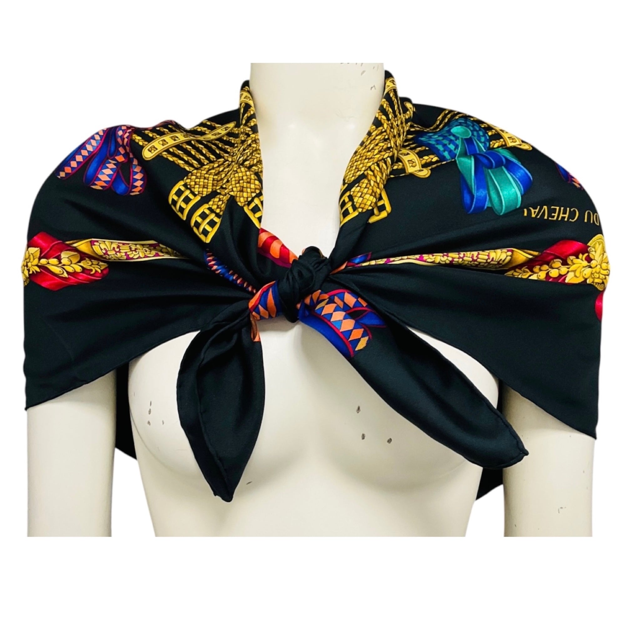 Hermes Black Multi Les Rubans du Cheval Print Square Silk Twill Scarf