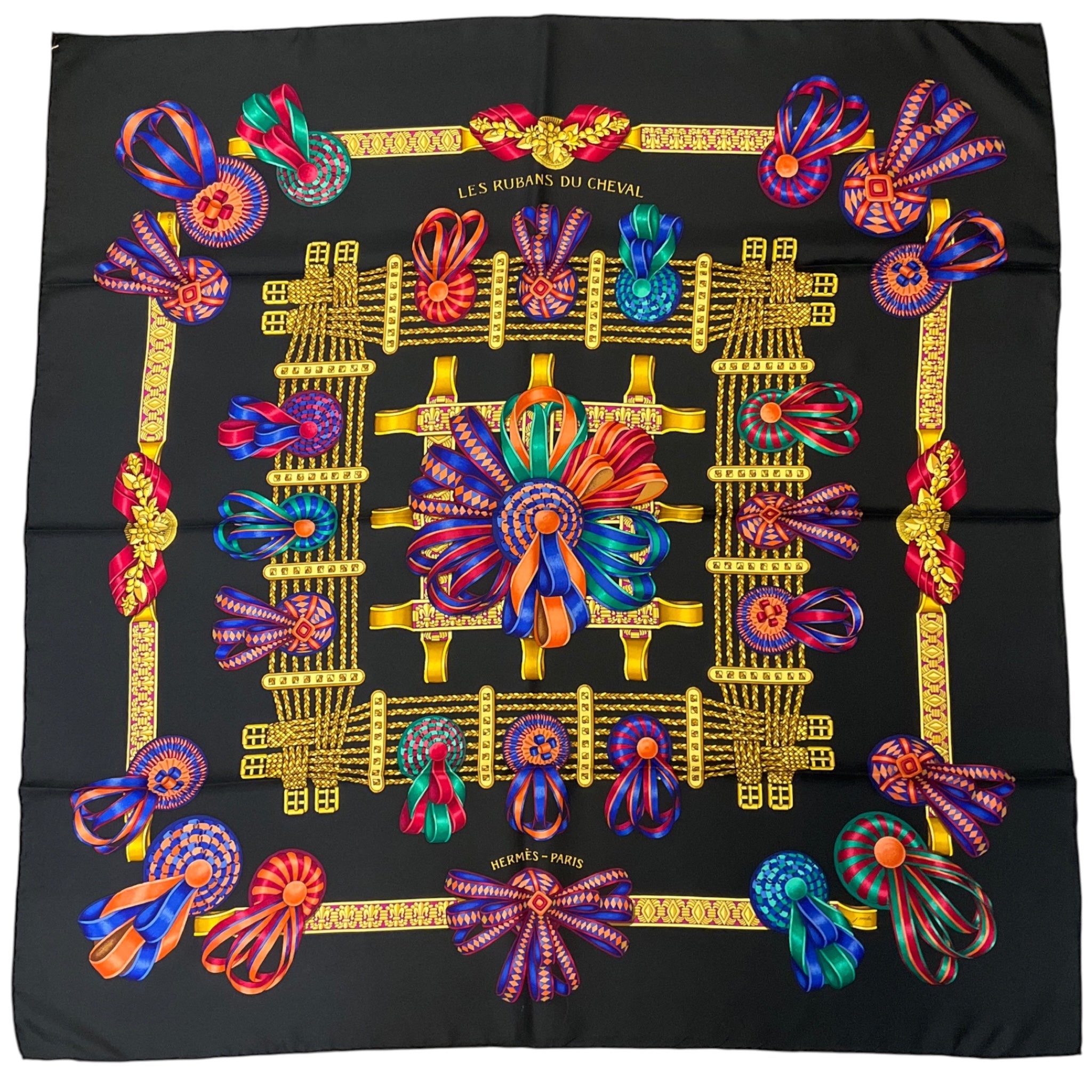 Hermes Black Multi Les Rubans du Cheval Print Square Silk Twill Scarf