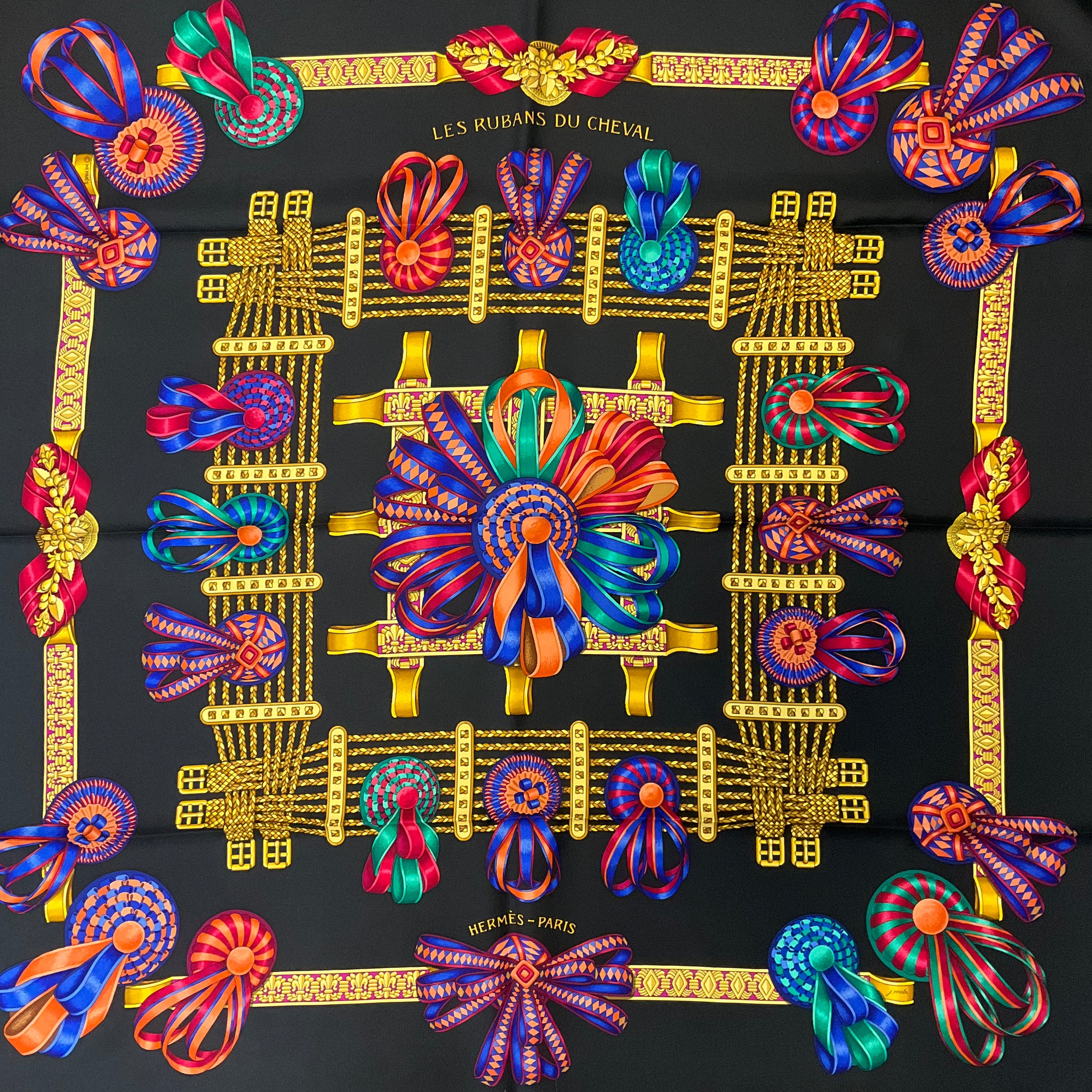 Hermes Black Multi Les Rubans du Cheval Print Square Silk Twill Scarf
