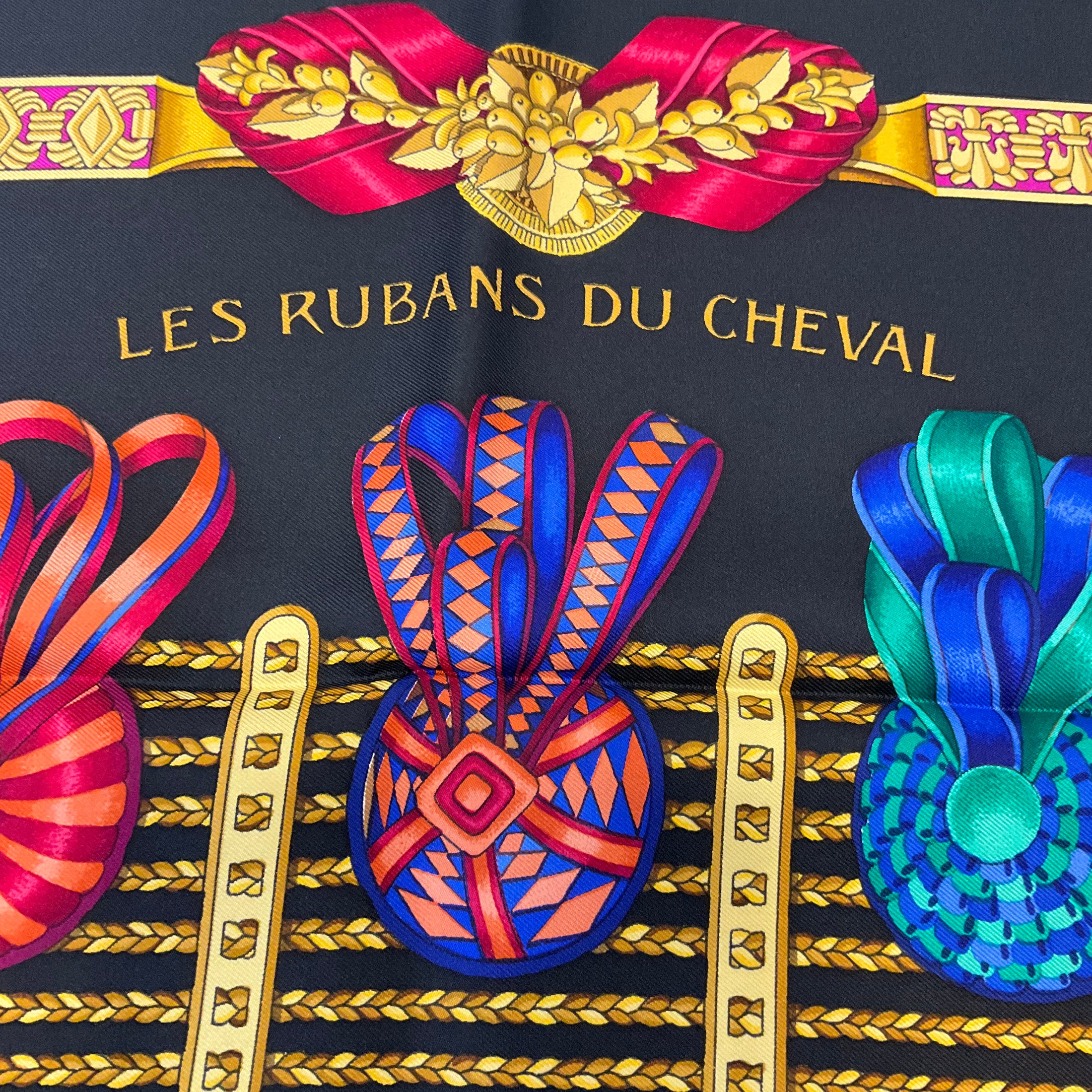 Hermes Black Multi Les Rubans du Cheval Print Square Silk Twill Scarf