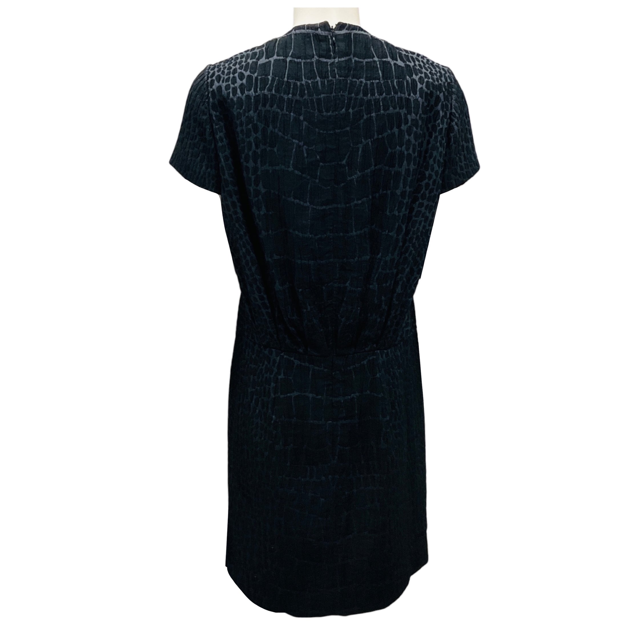 Yves Saint Laurent Navy / Black Textured Short Sleeved Silk and Wool Sheath Dress
