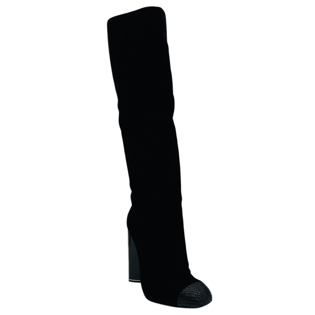 Tom Ford Black Bead Embellished Cap Toe Tall Velvet Boots