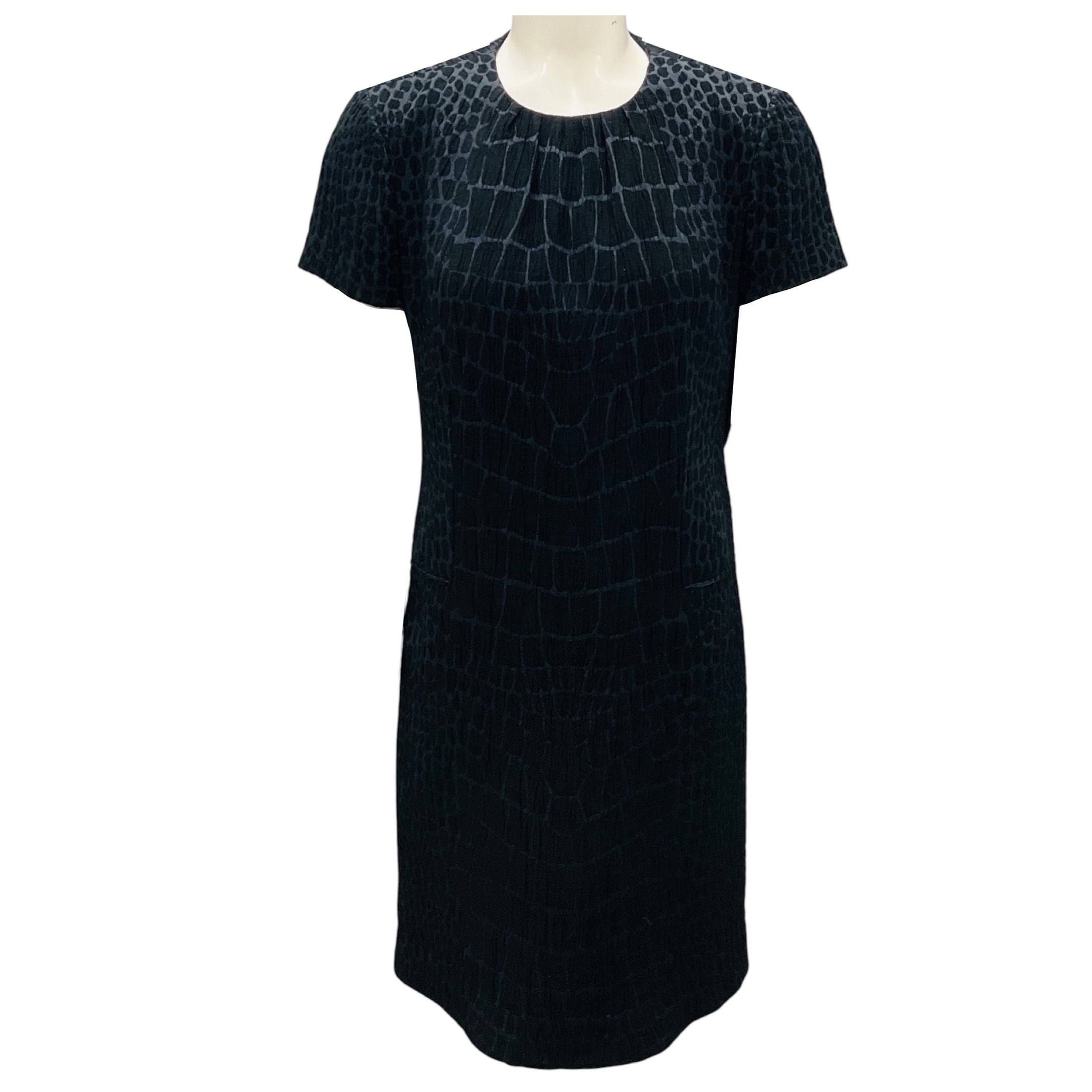Yves Saint Laurent Navy / Black Textured Short Sleeved Silk and Wool Sheath Dress
