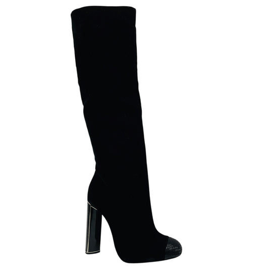 Tom Ford Black Bead Embellished Cap Toe Tall Velvet Boots