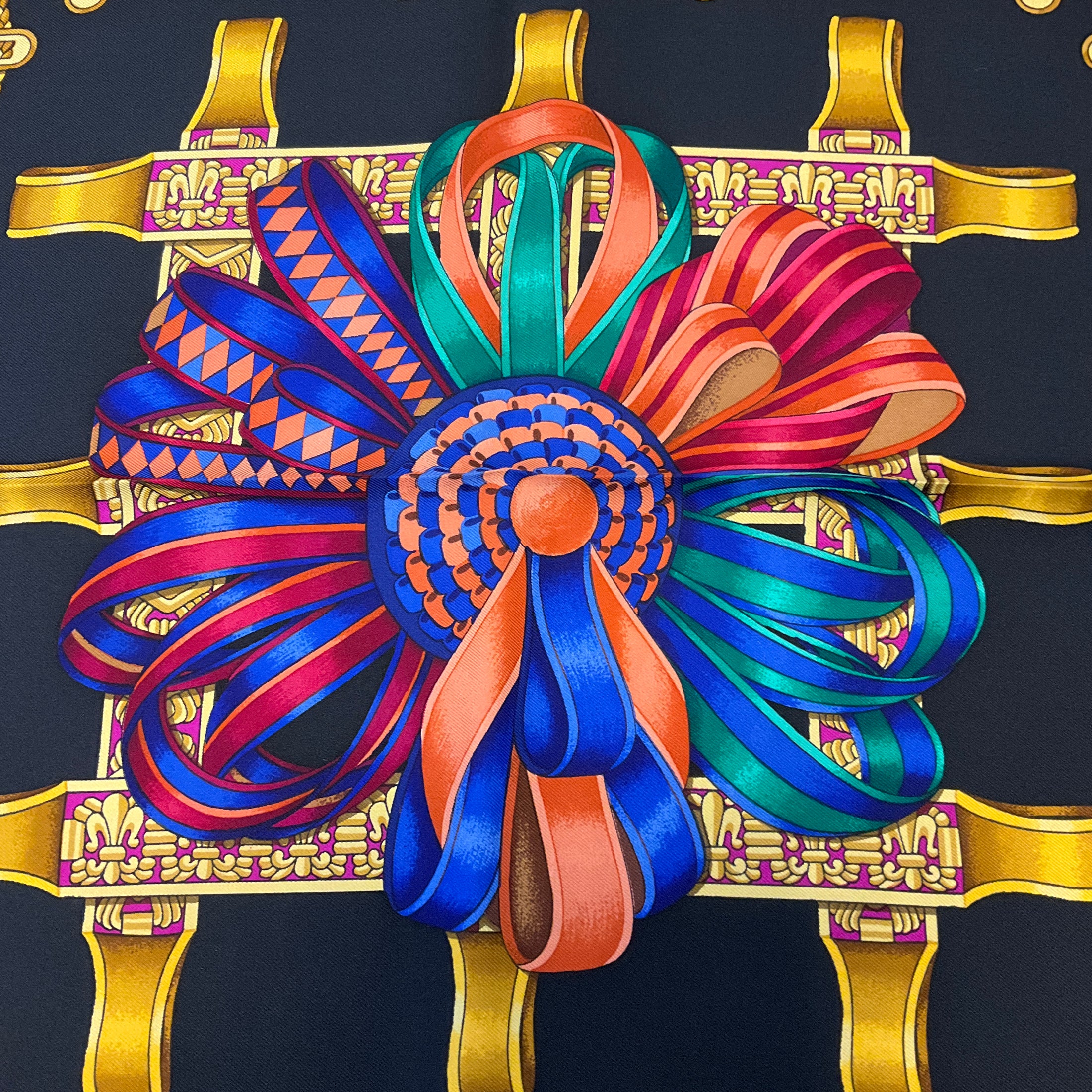 Hermes Black Multi Les Rubans du Cheval Print Square Silk Twill Scarf