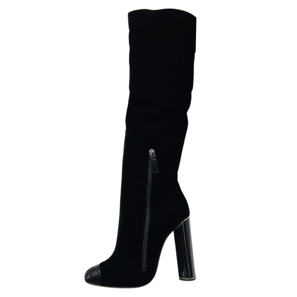 Tom Ford Black Bead Embellished Cap Toe Tall Velvet Boots