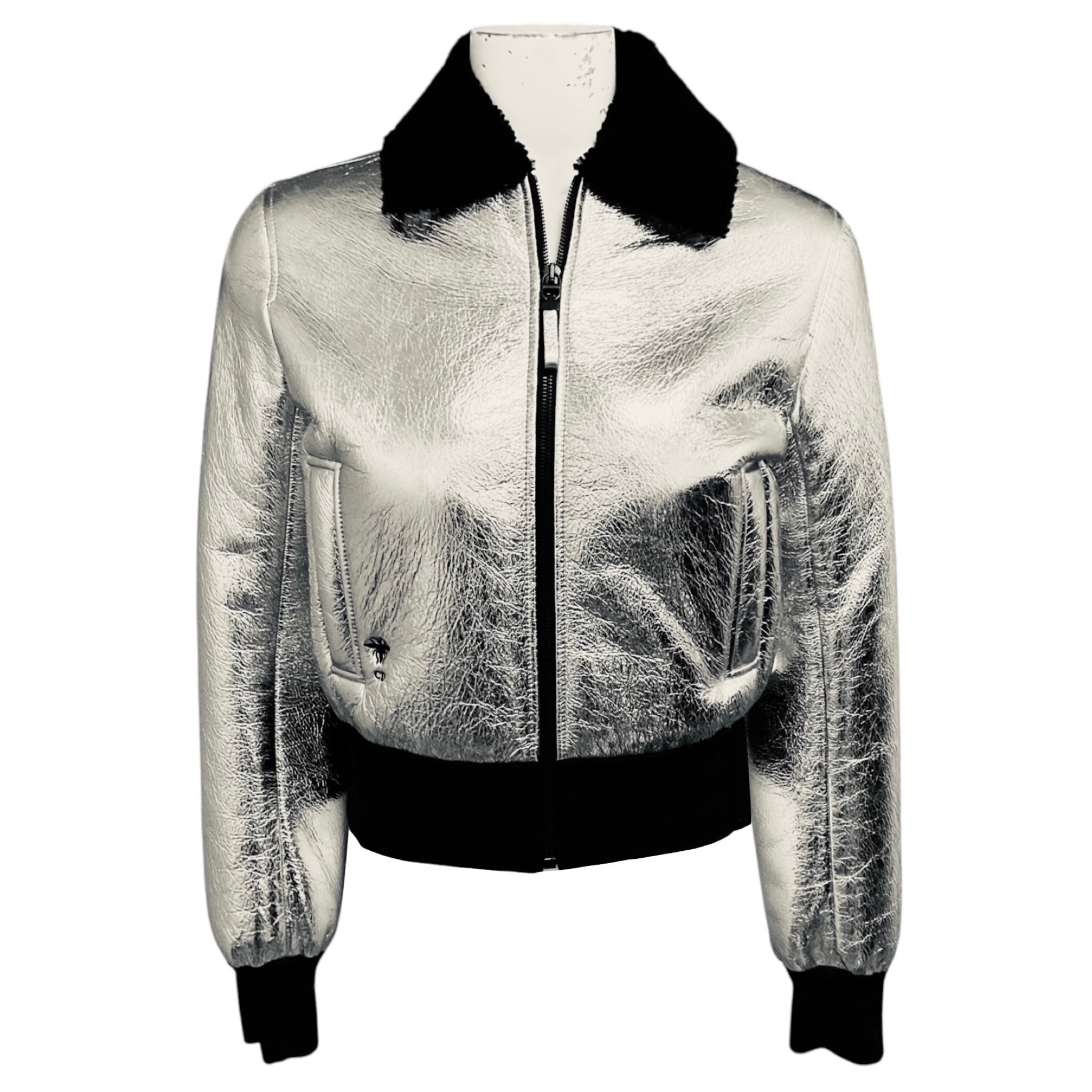 Christian Dior Silver Metallic / Black Lamb Shearling Lined Crinkled Lambskin Leather Zip Front Jacket with CD Logo Bee Embroidery