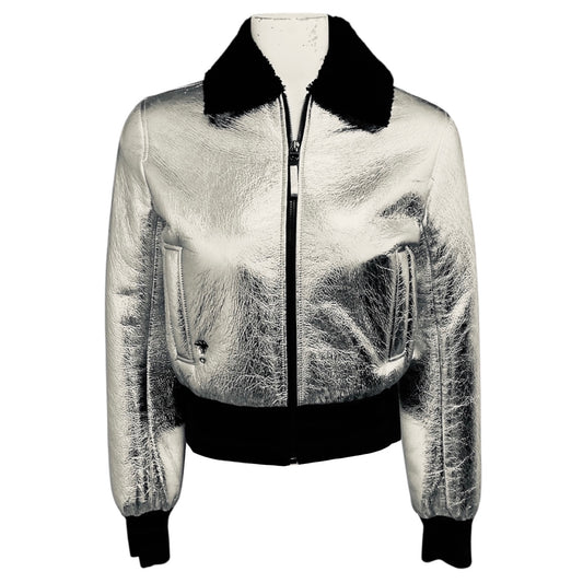 Christian Dior Silver Metallic / Black Lamb Shearling Lined Crinkled Lambskin Leather Zip Front Jacket with CD Logo Bee Embroidery
