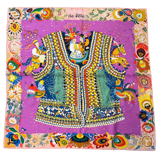 Hermes Rose Poudre / Cyclamen / Jaune Costume de Fete 90 Scarf