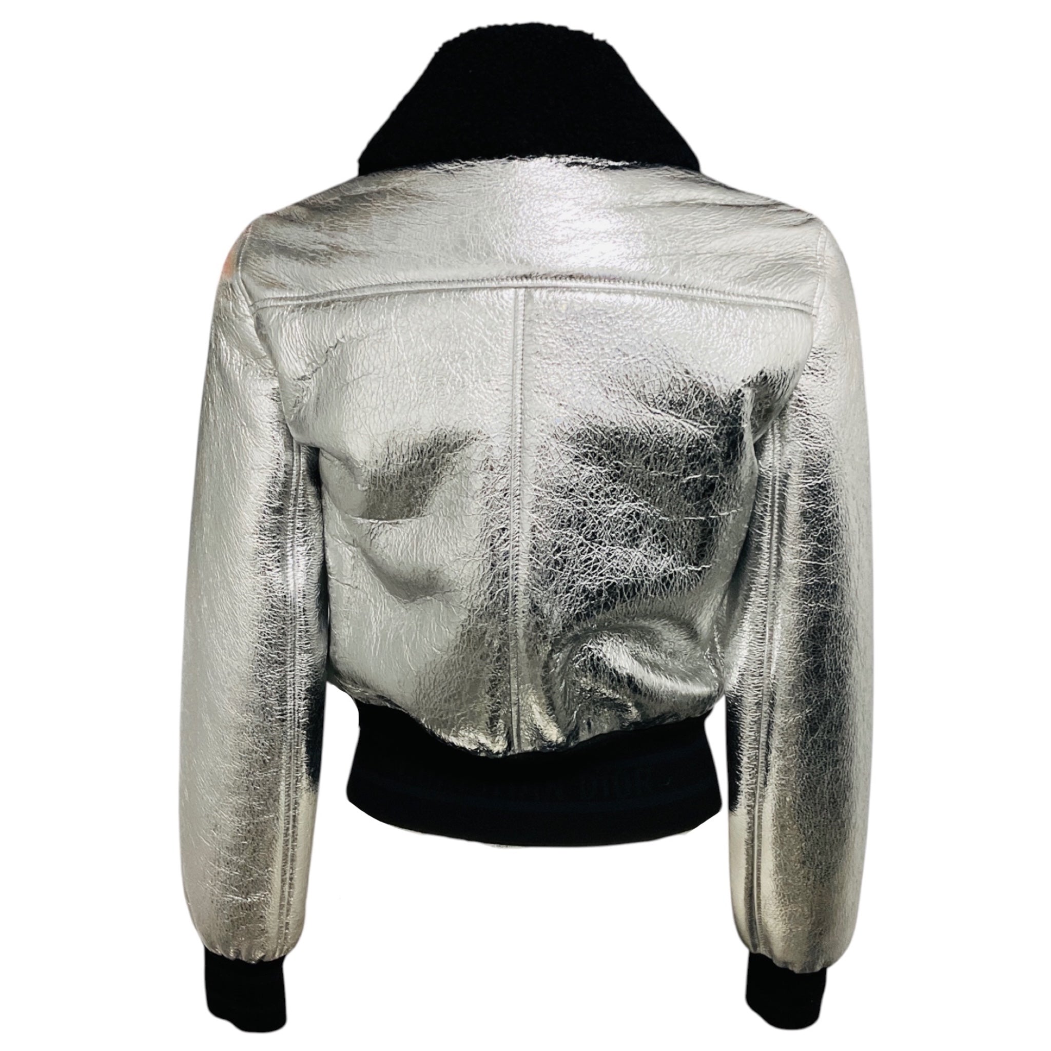 Christian Dior Silver Metallic / Black Lamb Shearling Lined Crinkled Lambskin Leather Zip Front Jacket with CD Logo Bee Embroidery
