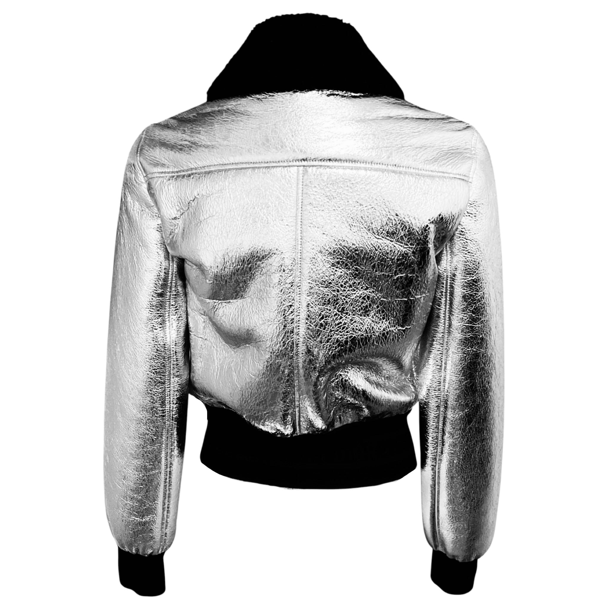 Christian Dior Silver Metallic / Black Lamb Shearling Lined Crinkled Lambskin Leather Zip Front Jacket with CD Logo Bee Embroidery
