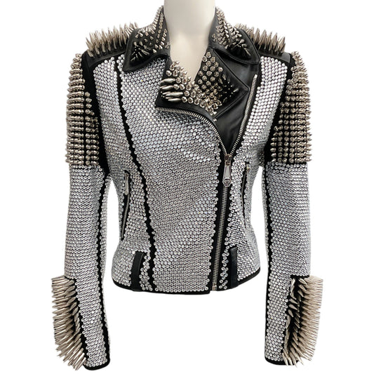 Philipp Plein Black Leather Moto Jacket With Studs And Stones
