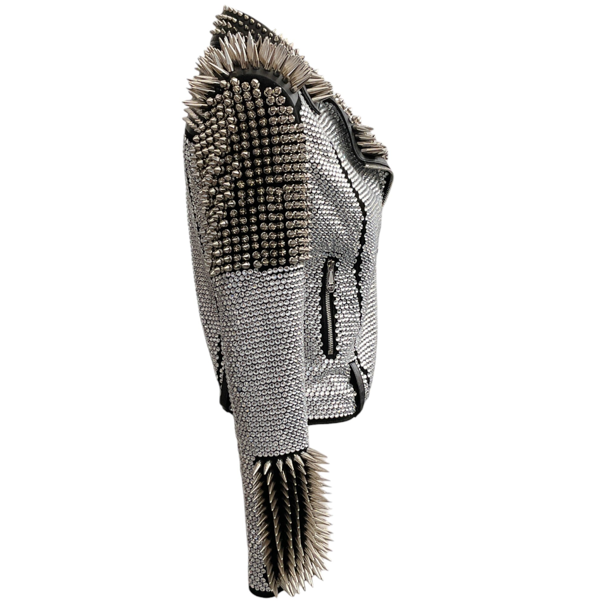 Philipp Plein Black Leather Moto Jacket With Studs And Stones