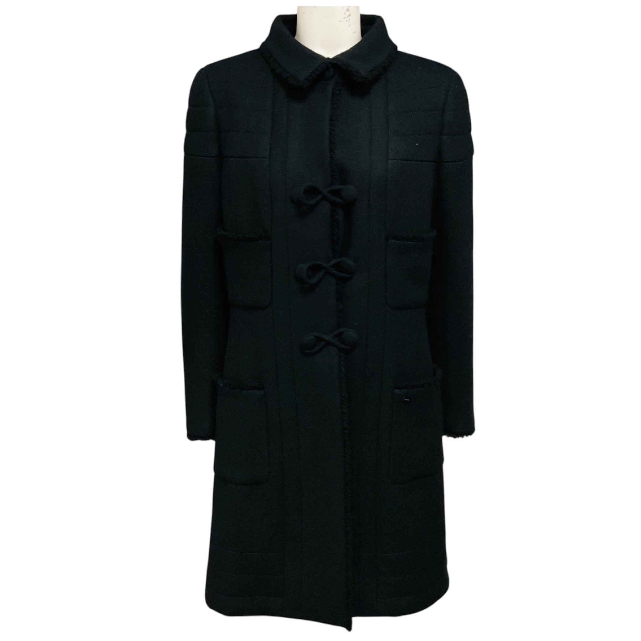 Chanel Black Vintage 2006 Silk Lined Mid Length Wool Coat with Fringed Trim