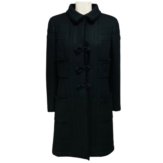 Chanel Black Vintage 2006 Silk Lined Mid Length Wool Coat with Fringed Trim
