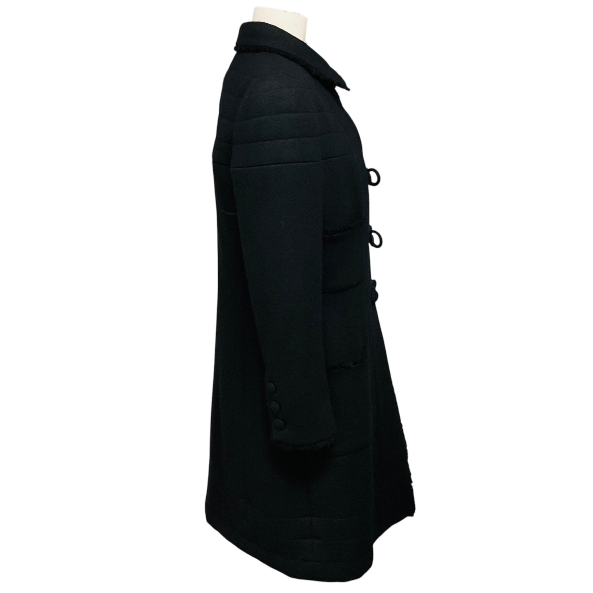 Chanel Black Vintage 2006 Silk Lined Mid Length Wool Coat with Fringed Trim