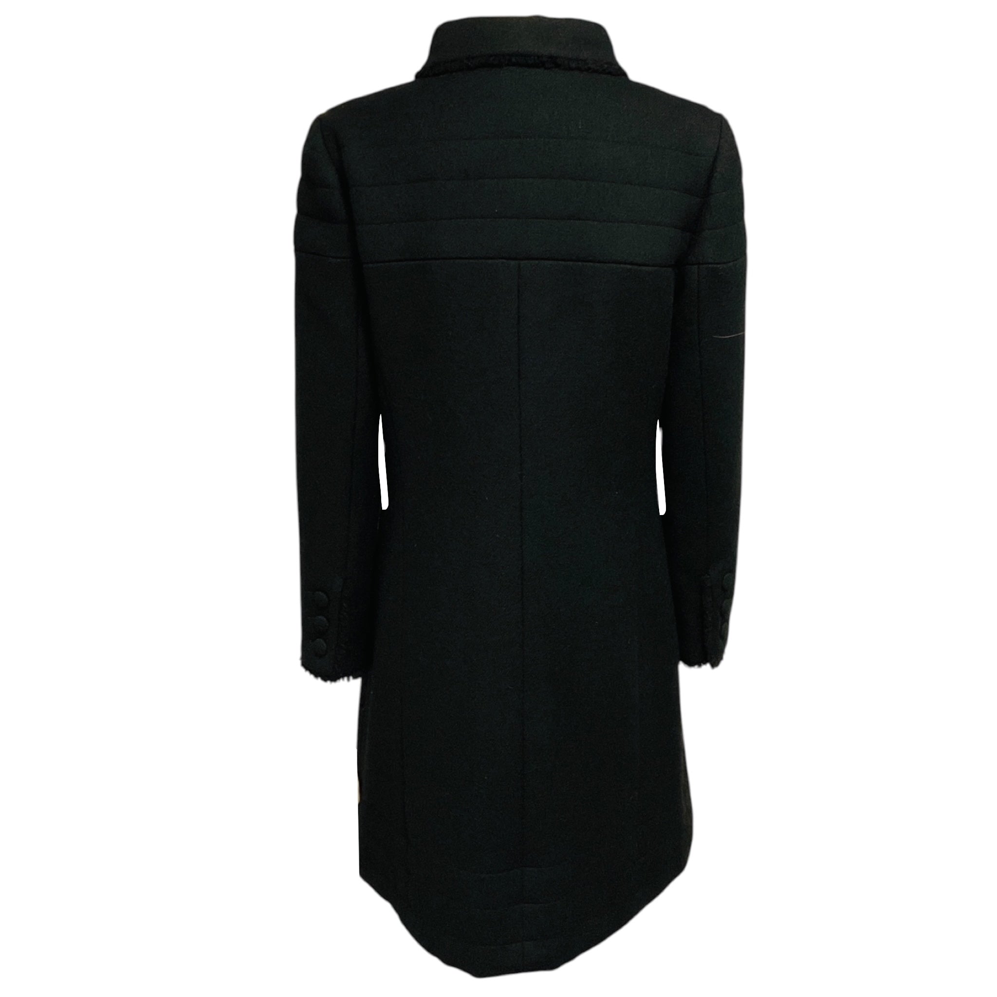 Chanel Black Vintage 2006 Silk Lined Mid Length Wool Coat with Fringed Trim