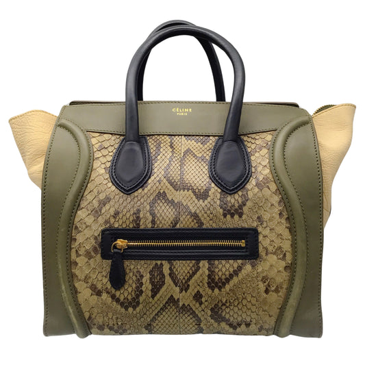 Celine Olive Green Leather and Python Skin Leather Mini Luggage Handbag