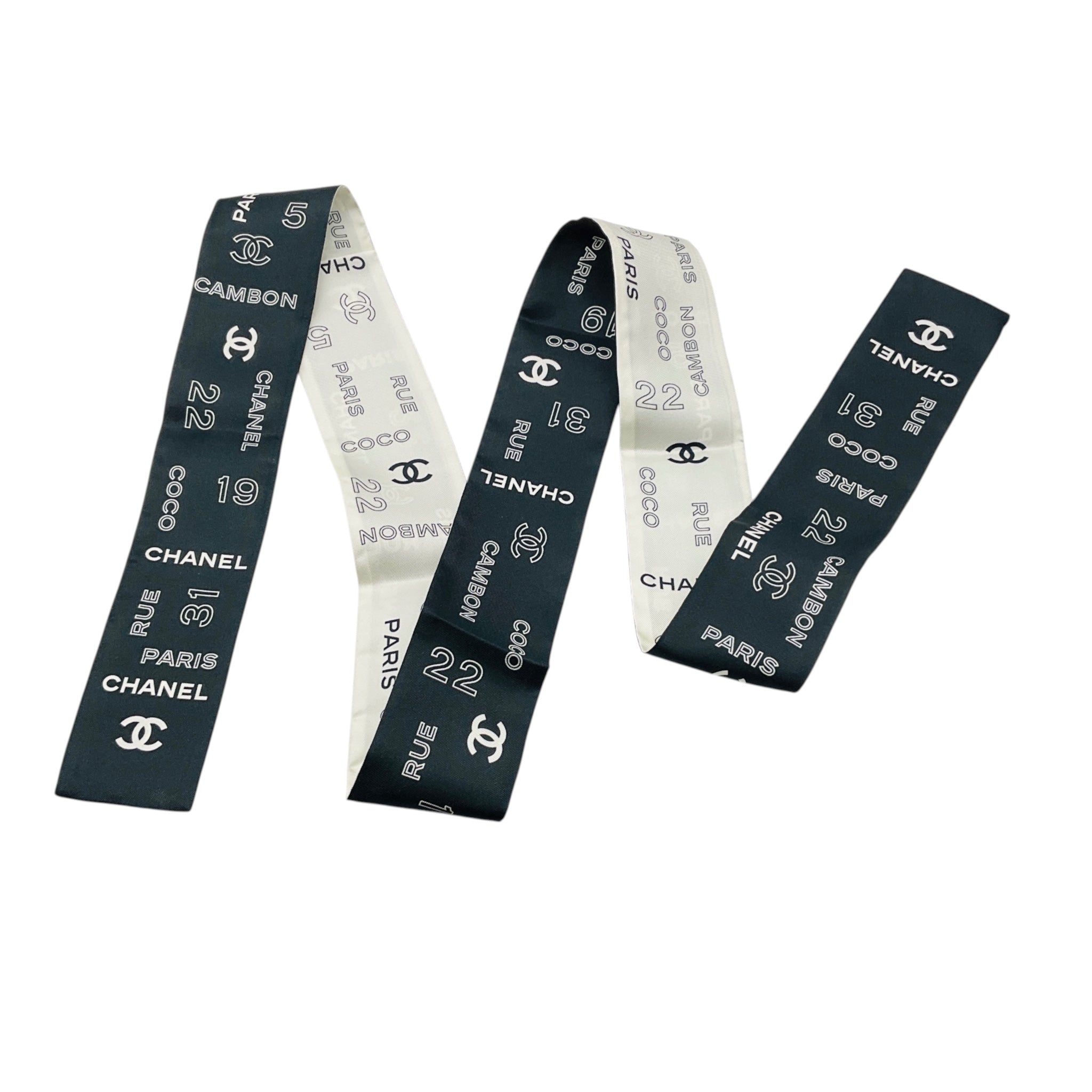 Chanel Black / White CC Logo Coco 31 Rue Cambon Print Silk Twilly Bandeau Scarf
