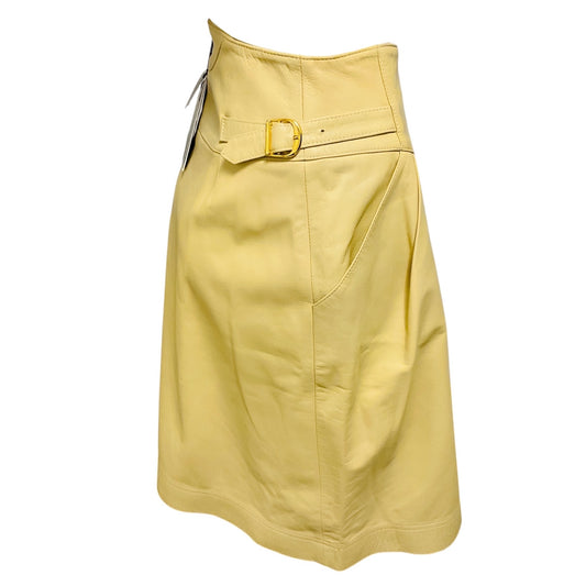 Oscar de la Renta Beige Silk Lined Genuine Leather Skirt with Gold Buckles
