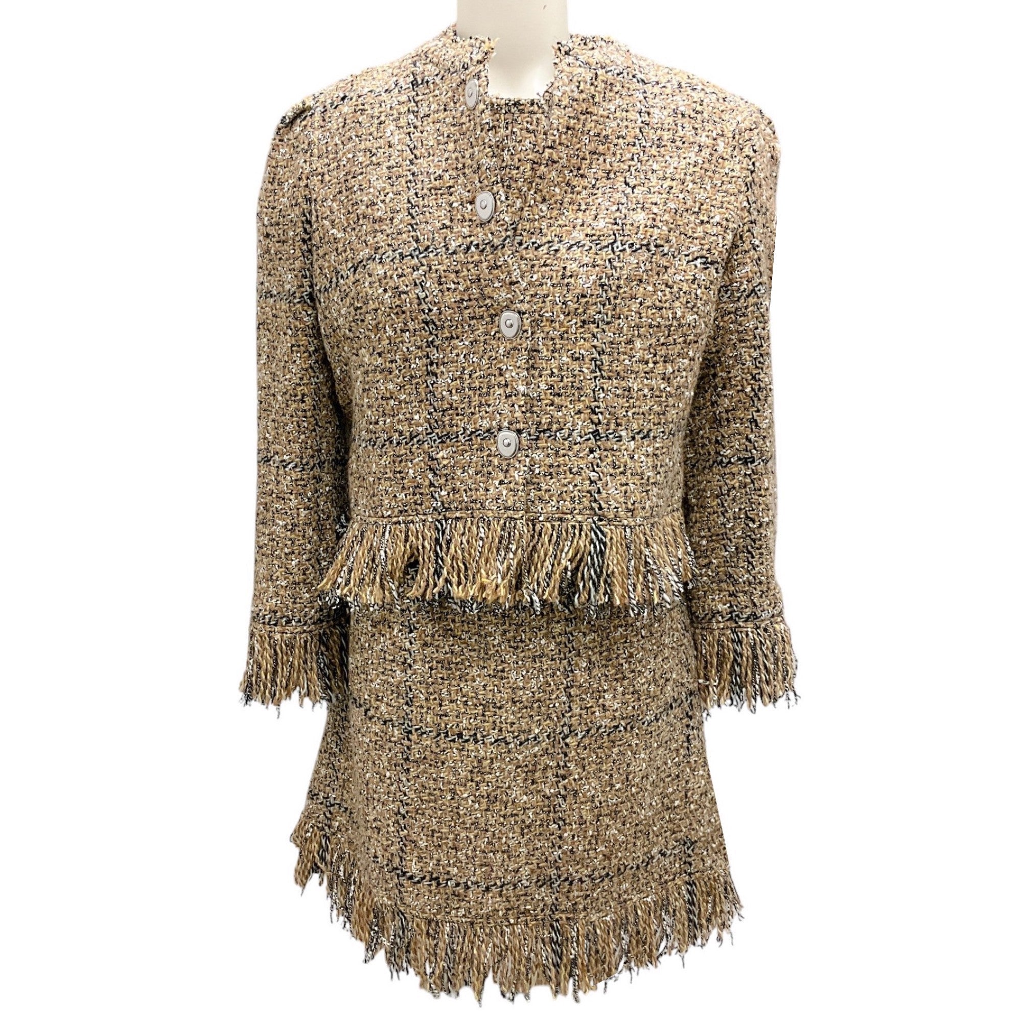 Sonia Rykiel Tan Multi Fringed Wool Tweed Jacket and Dress Suit Set