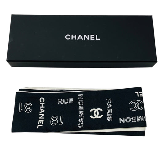 Chanel Black / White CC Logo Coco 31 Rue Cambon Print Silk Twilly Bandeau Scarf
