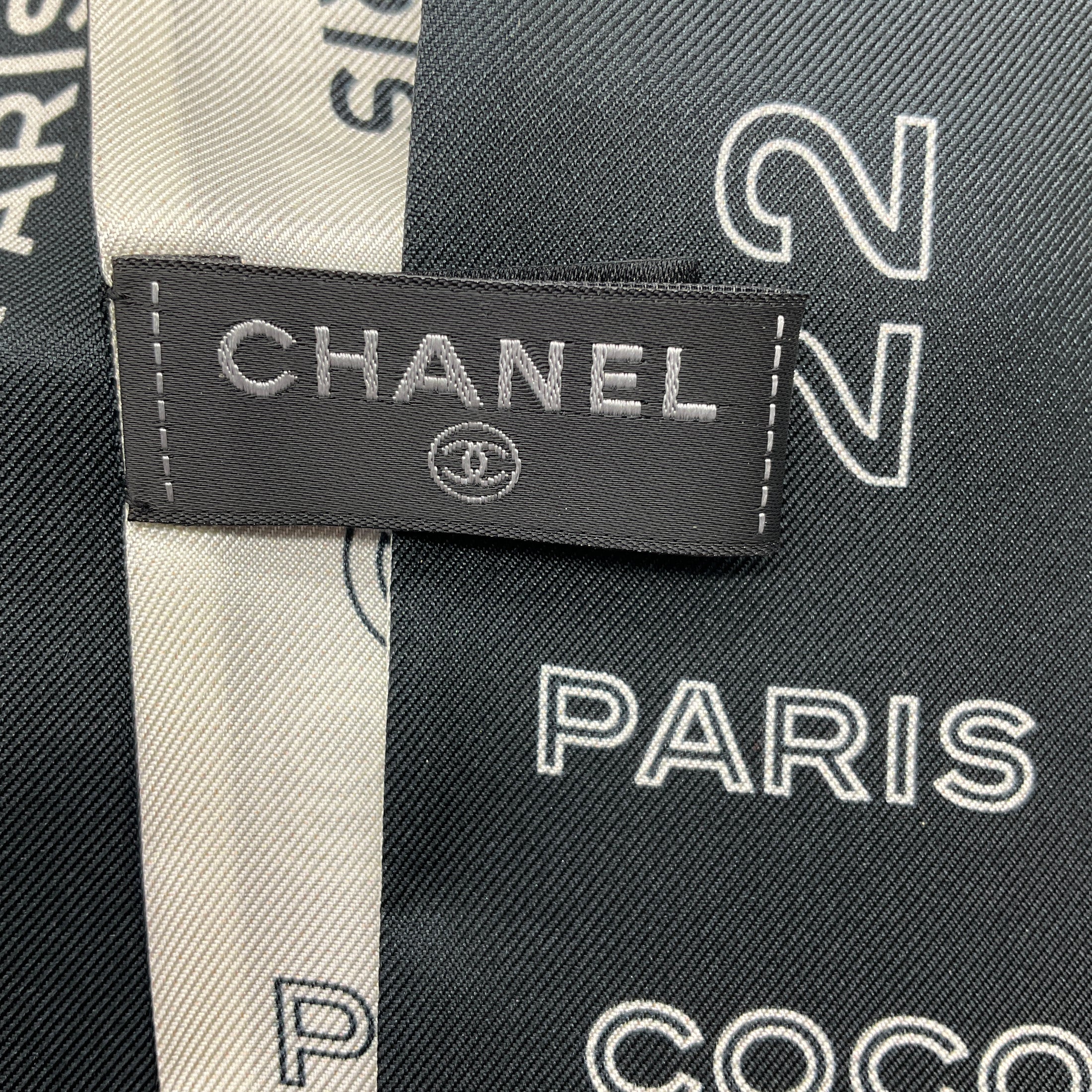 Chanel Black / White CC Logo Coco 31 Rue Cambon Print Silk Twilly Bandeau Scarf