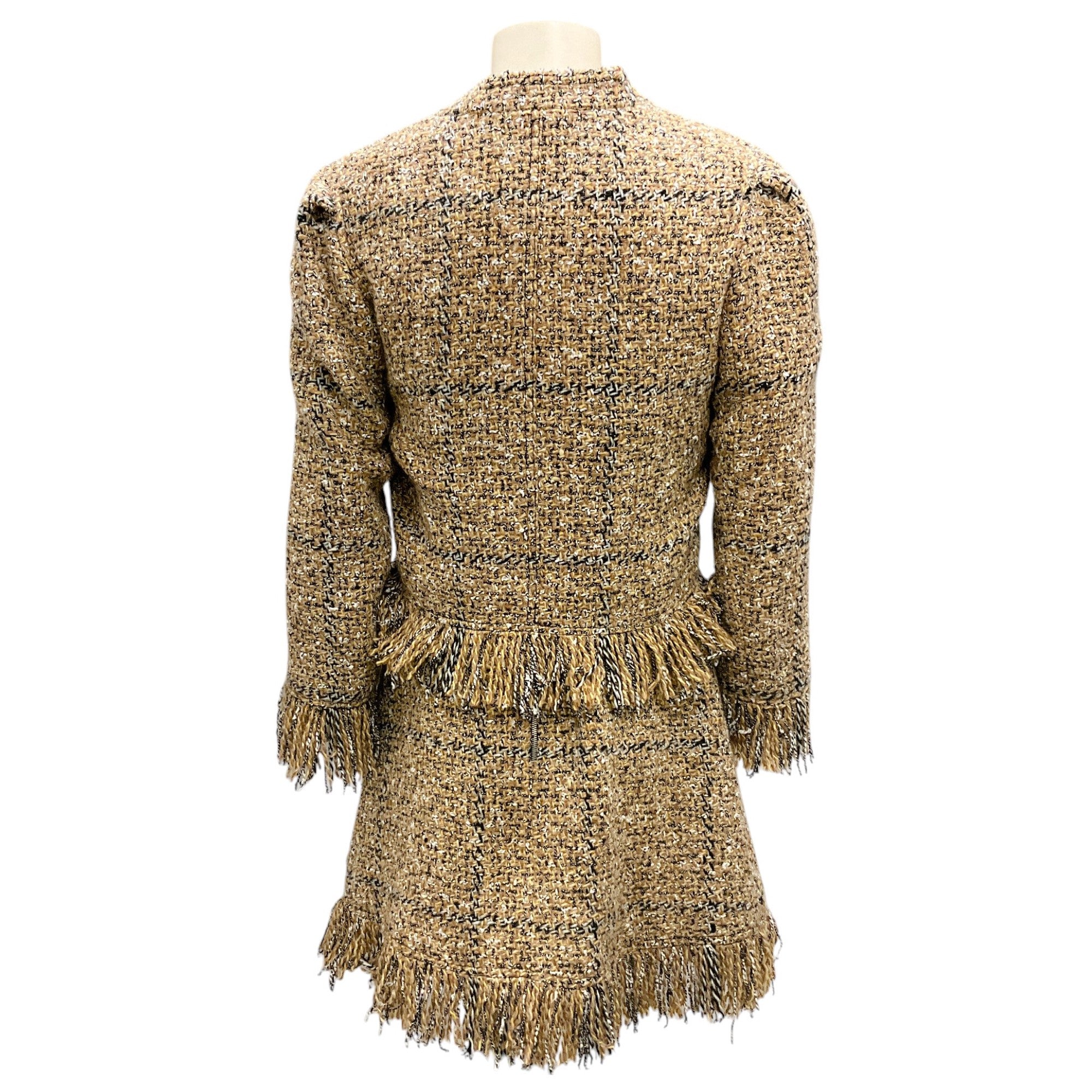 Sonia Rykiel Tan Multi Fringed Wool Tweed Jacket and Dress Suit Set