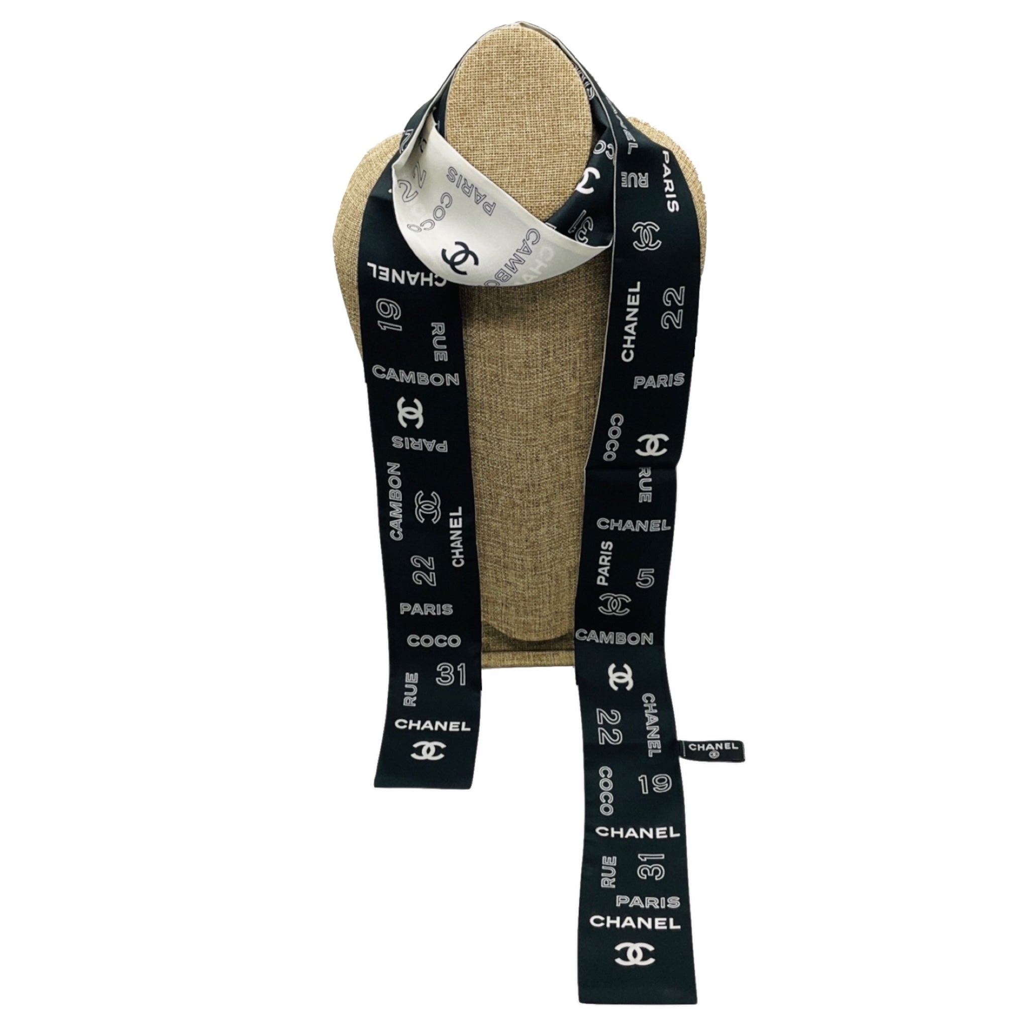 Chanel Black / White CC Logo Coco 31 Rue Cambon Print Silk Twilly Bandeau Scarf