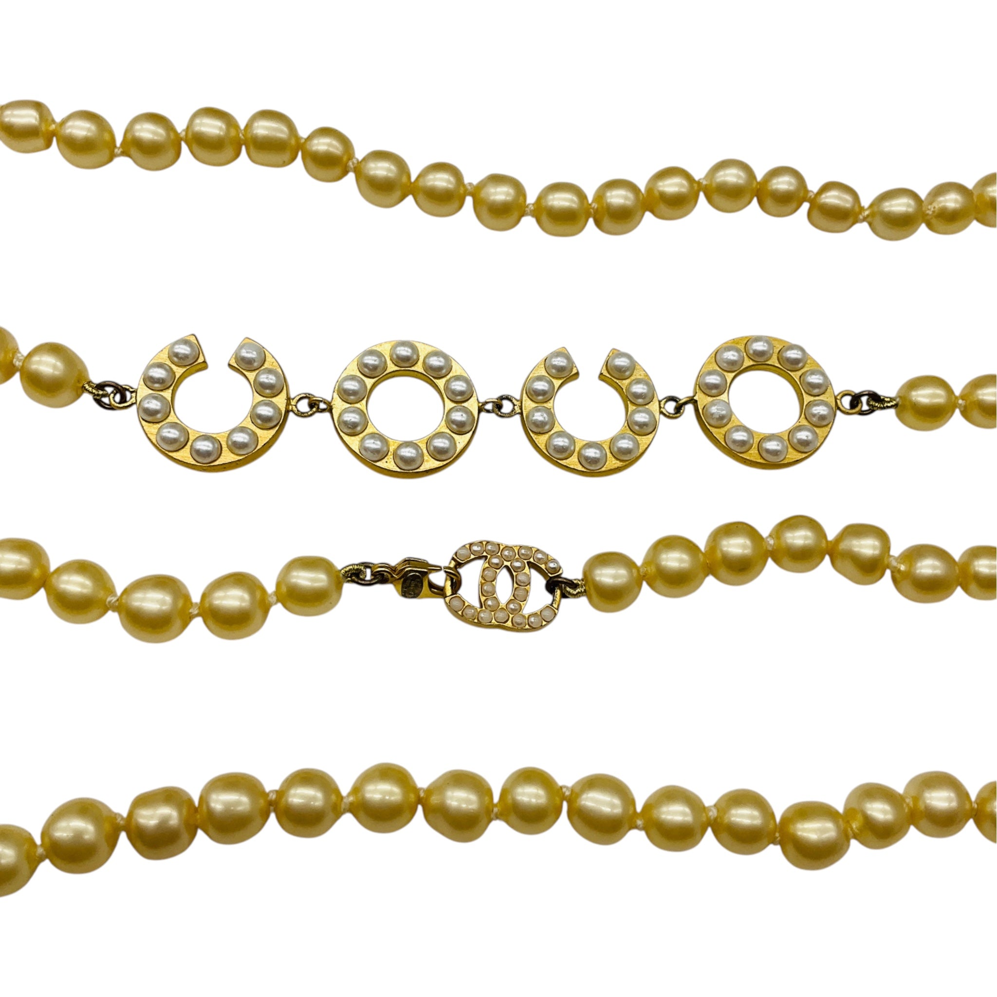 Chanel Vintage 2001 Cream Coco CC Logo Pearl Long Strand Necklace with Gold-tone Hardware