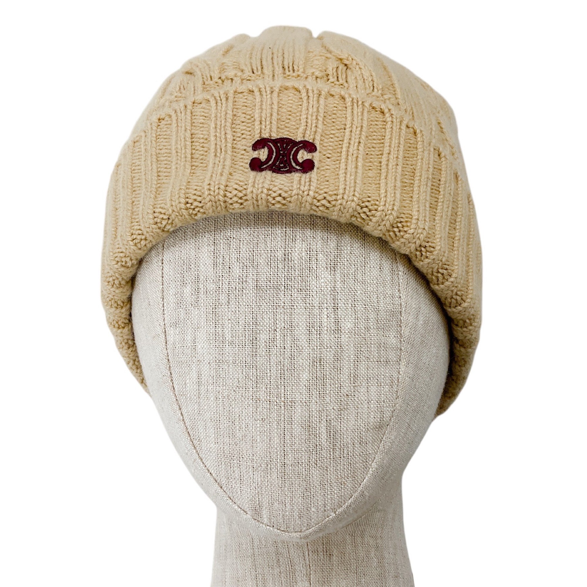 Celine Tan Cable Knit Cashmere Triomphe Beanie Hat