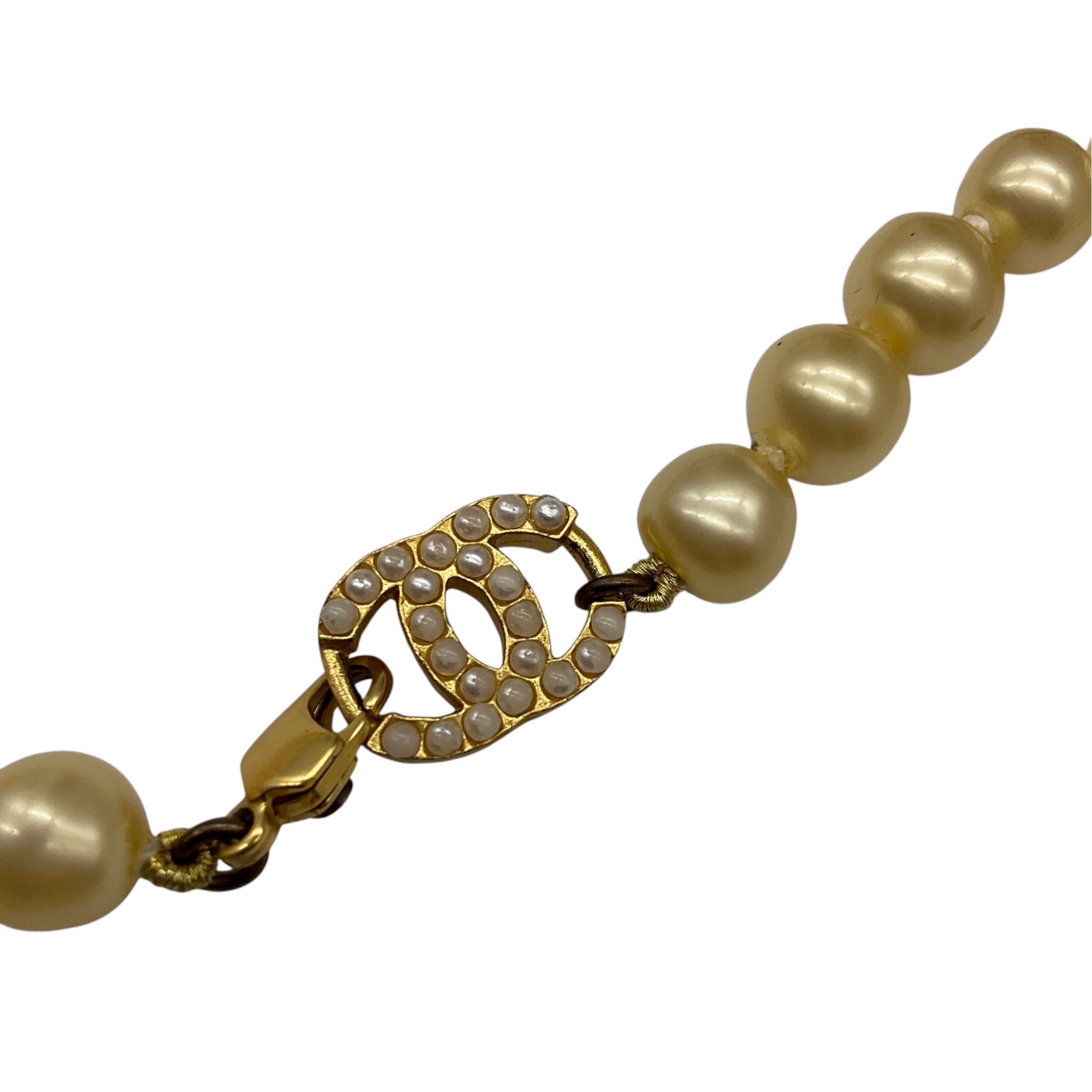 Chanel Vintage 2001 Cream Coco CC Logo Pearl Long Strand Necklace with Gold-tone Hardware
