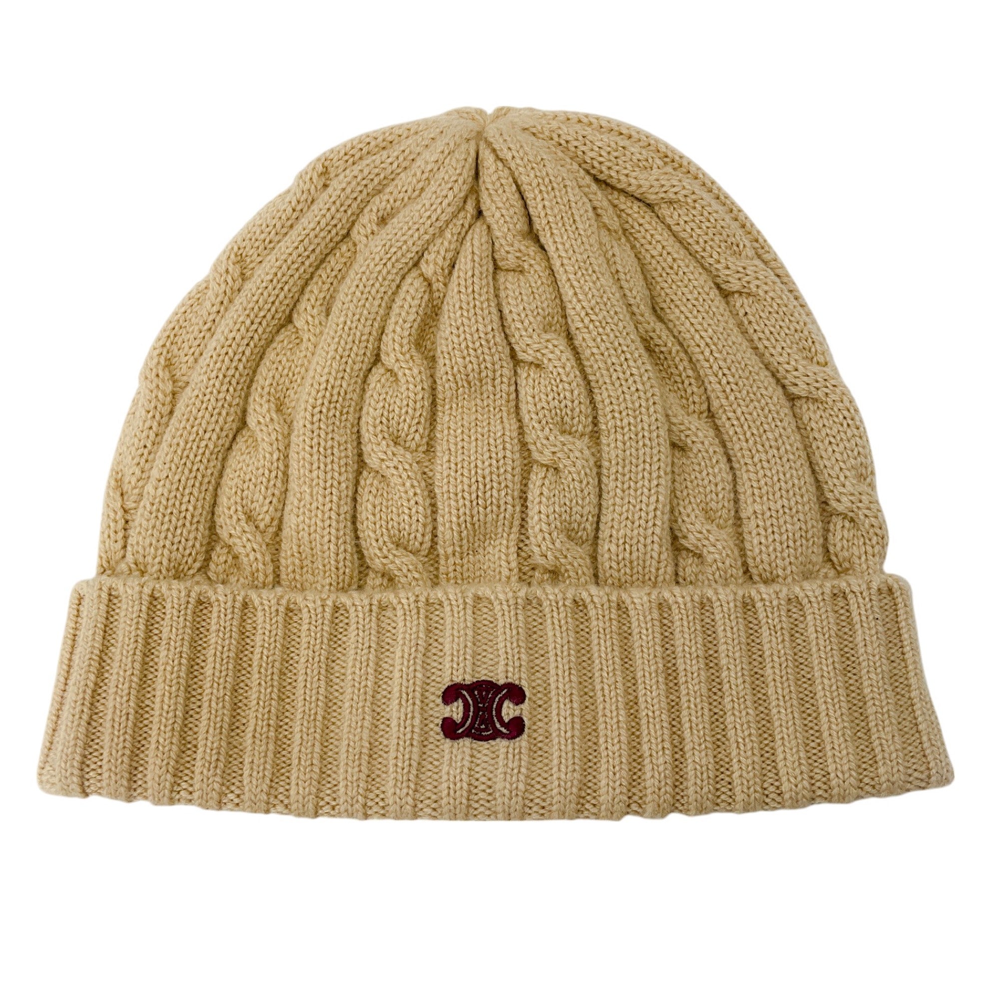 Celine Tan Cable Knit Cashmere Triomphe Beanie Hat