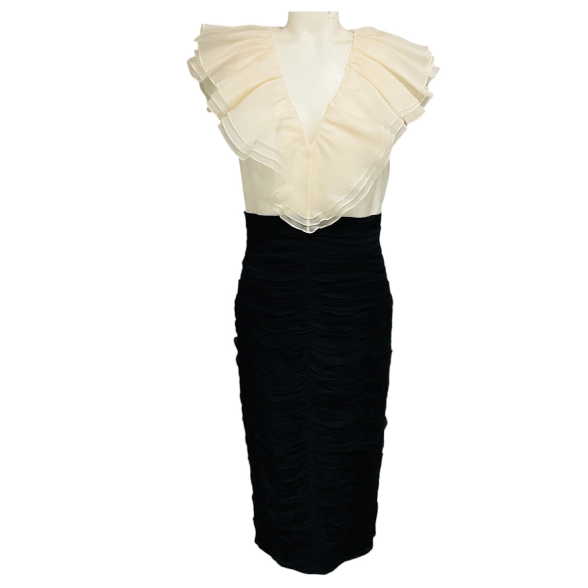 Tadashi Shoji Ivory / Black Ruffled Two-Tone Colorblock Silk Midi Cocktail Dress
